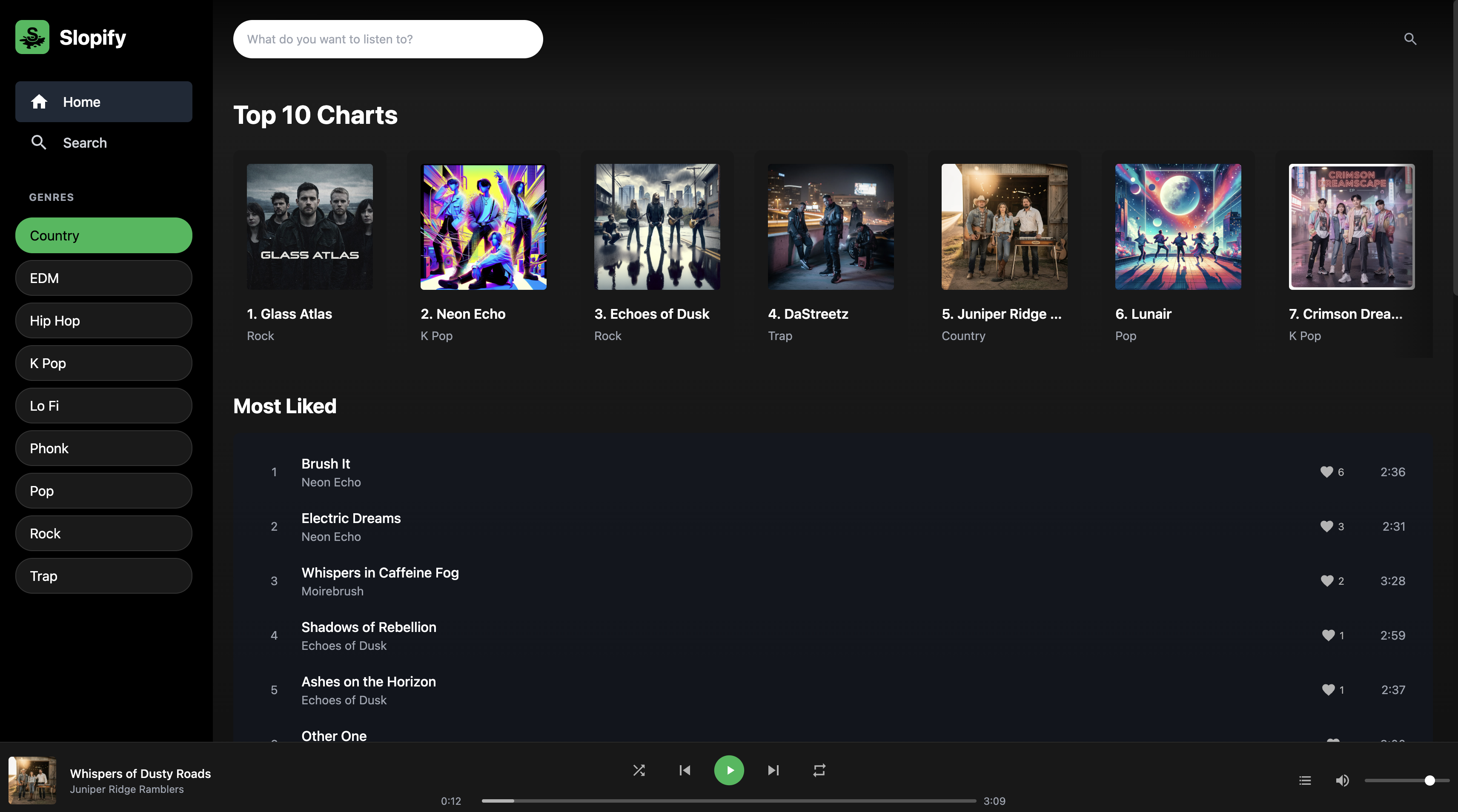 Slopify UI screenshot – band detail
